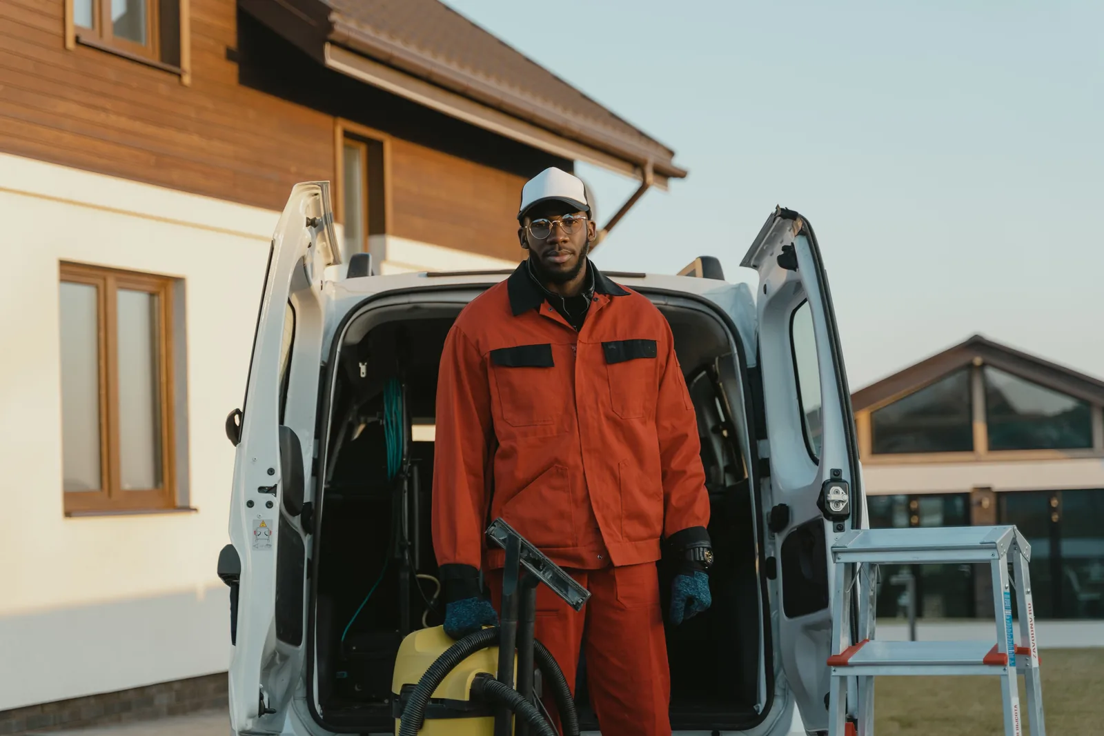 Tradesperson in work clothes standing beside a white service van